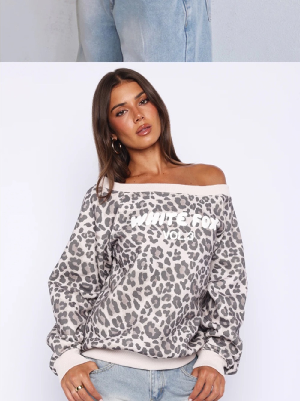 White Fox Boutique Off-Shoulder Leopard Sweatshirt - Cream & Gray